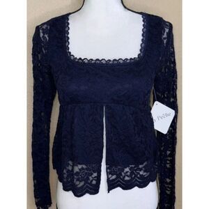 LA PECHE Navy Blue Sz Jr XL Stretchy Lacy Lined Long Sleeve Shirt NEW NWT